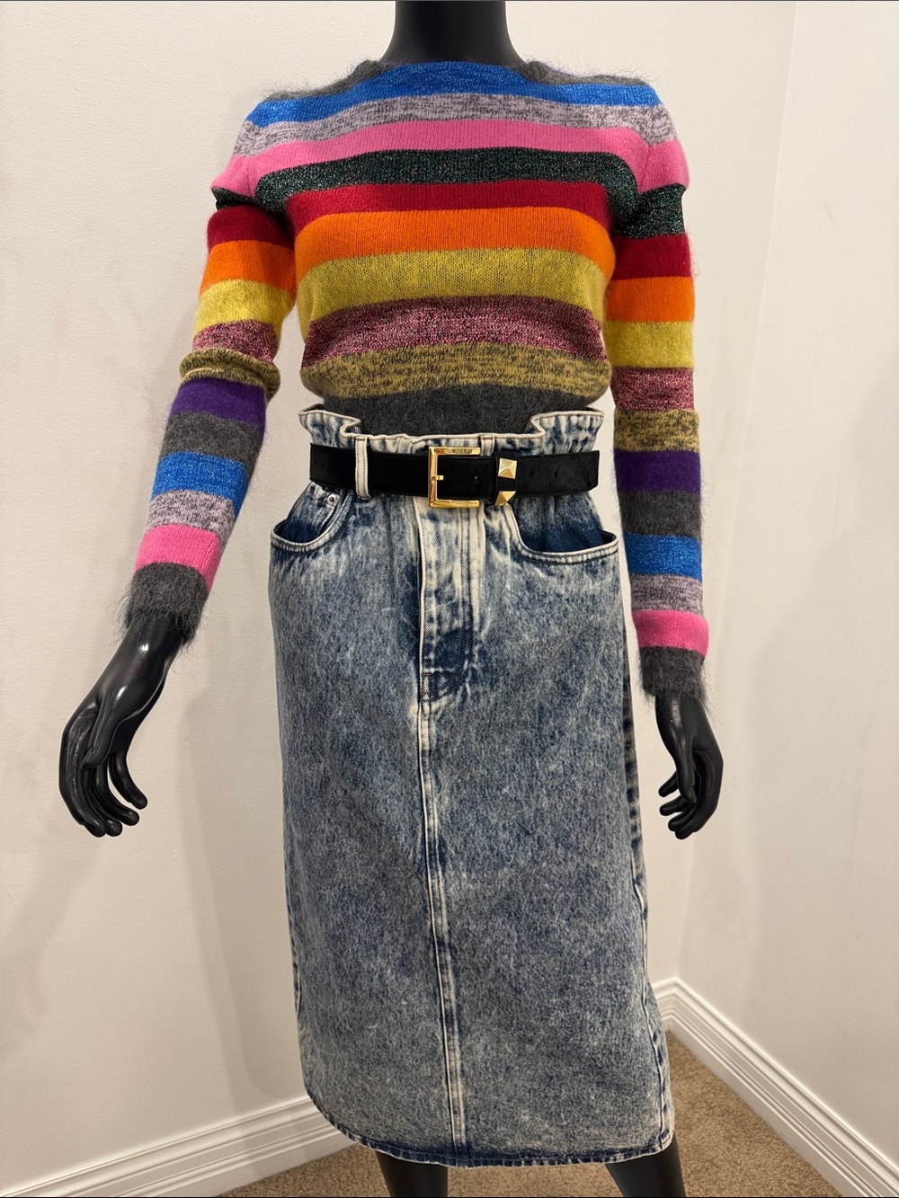 Miu Miu Acid Wash Denim Midi Skirt | Paperbag Waist | Logo Pocket IT 40 / S NEW